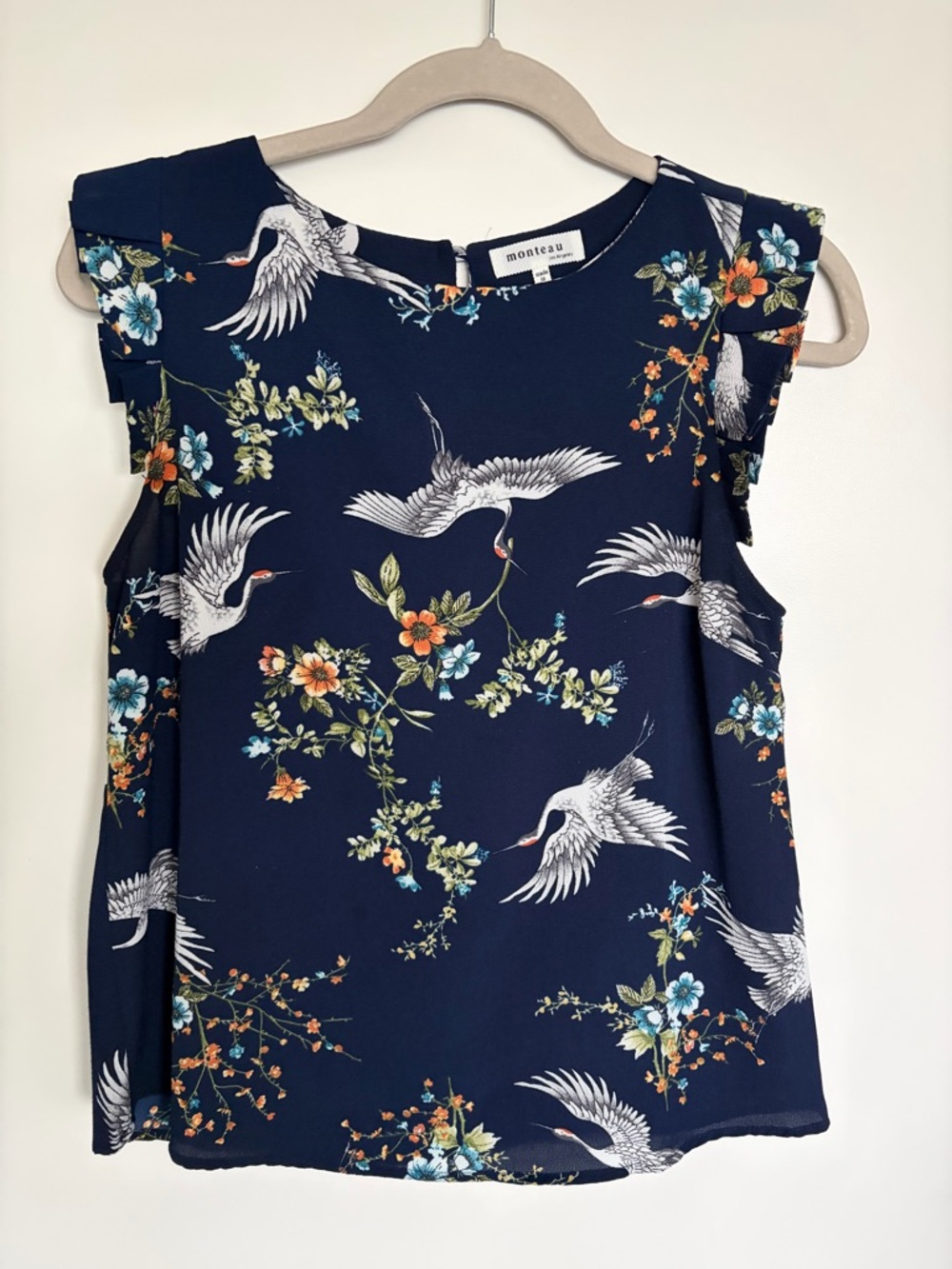 Monteau Navy Crane & Floral Ruffle Sleeve Top